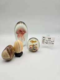 Lot 264 Set Of 4 Paperweights And Eggs: Large 6', Small 3' - Eggs 2' Tall