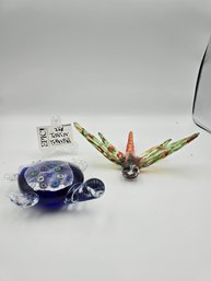 Lot 268 Sea Turtle Glass Art Paperweight (7' X 5' X 2') And Murano Dragonfly Sculpture (7' X 9' X 3'