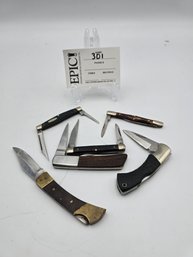 Lot 301 Set Of 6 Folding Knives:  Sovereign Silver Knight By Sakai Japan Buck Made In USA Plus Three More