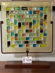 Lot 217 17in Square Panel In Decorative Fused Glass.  A Mixture Of Yellow, Green And Brown Glass Tiles Fused I