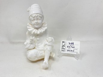 Lot 269 Vintage Musical White Pierrot Child Figurine Clown: Nostalgic Melodies In Porcelain- Working Condition