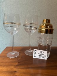 Lot 223 Glass Cocktail Shaker Gold Trim & Design With Two  Golden Reflections Engraved Wine Glass