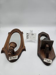 Lot 332 Set Of 2 Wooden Candle Sconces With Mirrors - Rustic Charm For Elegant Wall Decor.