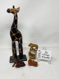 Lot 321 Hand Carved Wood Africa Safari Animals - Giraffe - Lion - Hippo - 12 1/2' Tallest - 1 1/4 Smallest