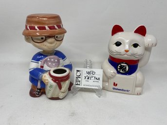 Lot 400  Art4Art Bobble Buddy Golfer Greens Fee Bank Bobble Head Figurine And Lucky Cat Bank Union Bank