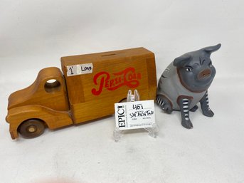 Lot 401 Resin Piggy Bank And Pepsi-Cola Delivery Truck Wooden Bank By Toymakers - Classic Collectibles