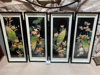 Lot 414 Set 4 Of  Thai Jade Peacock Art Panels (12 3/4' X 31 3/4' ) - Decor For A Touch Of Oriental Elegance