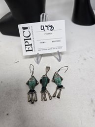 Lot 478 Vintage Mexico Mayan Aztec Sterling Silver Carved Malachite Warrior Earrings, Malachite Mask Pendant