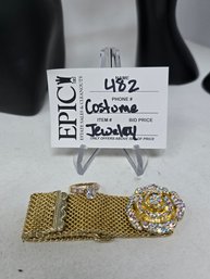 Lot 482 14k Gold And CZ Center-stone Ring With Enchanted Radiance: Kirks Folly Golden Rose Mesh Band Bracelet