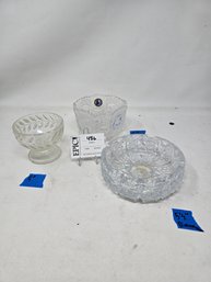 Lot 486 Hofbauer Byrdes Crystal Bowl, Vintage Glass Dish Set: Candy Bowl 6', Sugar Dish 4', Ashtray 5'