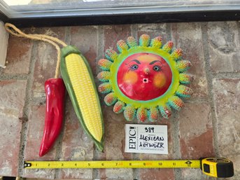 Lot 389 Mexican Folk Art Set  Coconut Mask With Hanging Ceramic Corn And Pepper  Vibrant Home Dcor Pieces