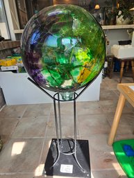 Lot 392 Large Colorful Mouth Blown Gazing Ball With Stand - 36'H X 52'C - Mesmerizing Garden Accent