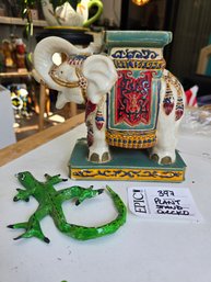 Lot 397  Ceramic Elephant Plant Stand With Green Gecko Figure - Whimsical And Functional Garden Decor