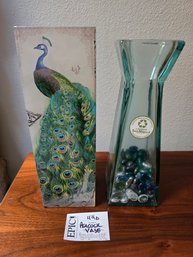 Lot 496 San Miguel Glass Vase: MCM Column Style From Spain & Fringe Studio Peacock Rectangular Vase, 12' Tall