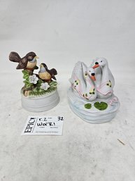 Lot 32  Vintage Music Boxes, Porcelain Love Birds Music Box And Porcelain Couple Swan