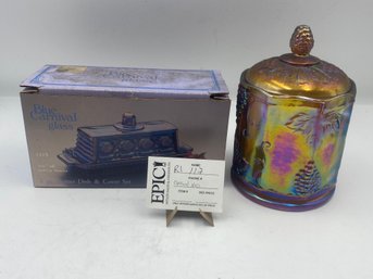 Lot 117  Indiana Carnival Glass Blue Harvest Grapes Iridescent Glass, 2 Pc Butter Dish And Cover Vintage