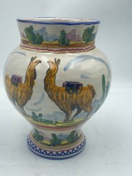 Lot 133 7' Tall 5 Wide, Vintage Ceramic Vase Made In Peru, Colorful Maiolica Painting