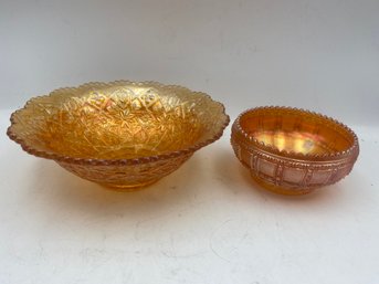 Lot 136 2 Pcs Marigold Carnival Glass One 8 1/2' 5 1/4' Wide And A Smaller Ones, Very Good Condition