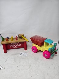 Lot 43 Playskool Nokout Bench, Vintage 1960's Mascon Toy Pull Behind Scoot'em Chicken Truck (Chickens Missing)
