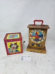 Lot 44 Fisher Price Toy Tick-Tock Teaching Clock, And Matty Mattel MUSICAL Clown Jack In A Box