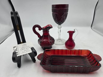 Lot 355  Ruby Red Glass Cranberry Tray,  Miniature Pitcher Vase, Cristal DArques Durand Wine Glass,