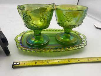 Lot 147 Green Carnival Glass Set Cream And Sugar Dishes And Green Serving Glass Tray