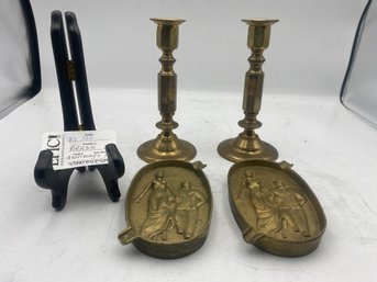 Lot 334 Brass Ashtrays, Brass Candle Stand