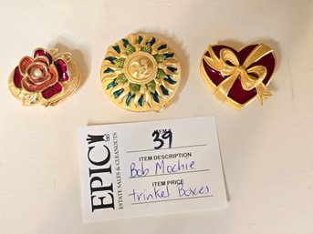 Lot 39 Bob Mackie's 1990s 3 Pcs. Trinket Box Collection: Enamel Flower, Bow Tied Heart, Green Sun Compact