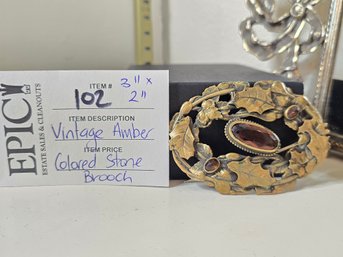 Lot 102 Vintage Amber-Colored Stone Brooch: Classic 3' X 2' Statement Piece