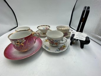 Lot 359 5 Sets Of Assorted Bavarian Tea Cups, Embossed, And Painted Floral Patterned Tea Cups And Saucer