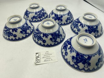 Lot 370 Set Of 6 White And Blue Porcelain Asian Bowls: Elegant Addition To Your Tableware