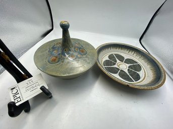 Lot 379 2-Piece Ceramic Set: Pottery With Lid & Ceramic Platter