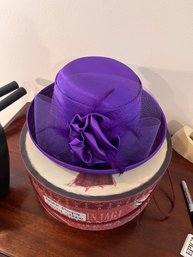 Lot 57 Sophisticated Kentucky Derby Womens Straw Hat. Purple Silk Cover With Flower And Feathers