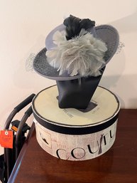 Lot 58 Classy FRANCE COUTURE Grey Felt Derby Hat With Net Face Covering And Feather Accent