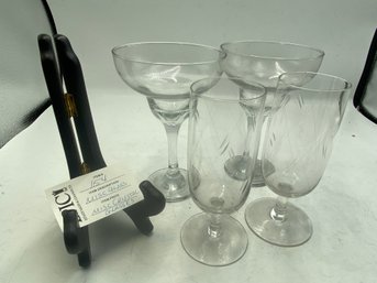 Lot 154 Etched Drinking Glasses & Margarita Stemware: Set Of 2 Each - Elegant Glassware Ensemble