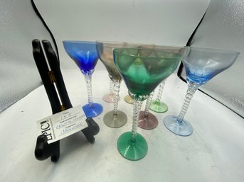 Lot 155 Assorted Color Hand-Blown Twisted Stem Cordials: Set Of 8, 6' - Vibrant Elegance For Any Occasion