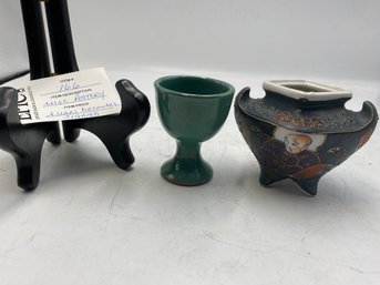 Lot 166  Vintage Green Pottery Goblet Vase And Japanese Satsuma Style Moriage Hand Painted Vase