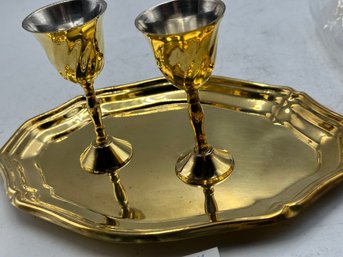 Lot 177  2 Wine Goblets Cups With Tray Plate Solid Brass Made In India, In Very Good Condition