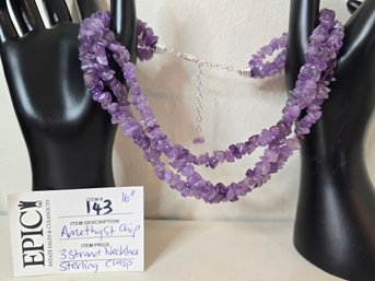 Lot 143 16' Triple Strand Amethyst Chip Necklace: 925 Sterling Clasp