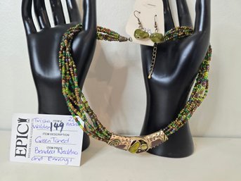 Lot 149   22' Trisha Waldron Green Toned Beaded Necklace And Pair Of Earrings- A Timeless Fusion Of Style