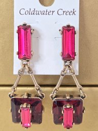 Lot 257 Pair Of Coldwater Creek Red-Toned Crystal  Style Earrings: Elegant 2.25' X 0.75'