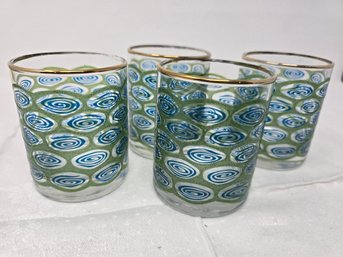 Lot 298 Set(4) Mid-Century Libbey Glassware Rocks Greenblue Bar Glasses In The Peacock Feather Pattern