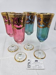 Lot 299 Set Of 4 J. Preziosi Wine Glasses - 2 Pink, 2 Blue - 8.25' Tall - Made In Italy