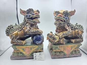 Lot 322 Pair Of Large Oriental Pottery Foo Dogs - 7.5x12x14.5'T: Guardian Statues Of Elegance
