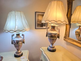 Lot 331 Pair Of Antique Urn Style Lamps With Capodimonte Decor, Standing 37 Inches Tall Each.