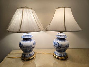 Lot 186 Spode Blue Italian Set: Pair Of 26.5' Tall Lamps, 8' Wide Base - Timeless Elegance