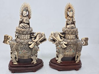 Lot 350 Pair Of Majestic Antique Chinese Foo Dog Warriors, Each Measuring 7.5x3.5x11.25 Inches