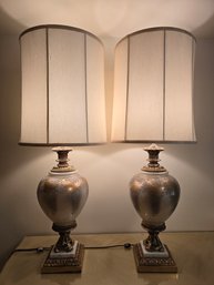 Lot 190 40 3/4' Tall Regency Style Set: 7x7 Base, Pair Of Exquisite Lamps - Glass, Marble, Brass Craftsmanship