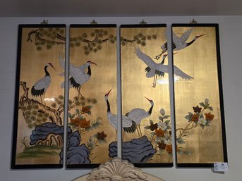Lot 169 3 Foot By 1 Foot Wide  4-Piece Set: 4-Panel Asian Crane Wall Painting Decor