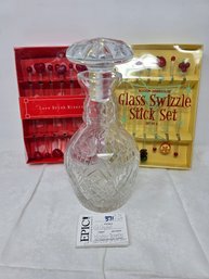 Lot 371 BRIERLEY FOR CARTIER CUT Crystal Whiskey DECANTER SIGNED EXCELLENT With 2 Swizzle Stick Sets 5.25x10'T